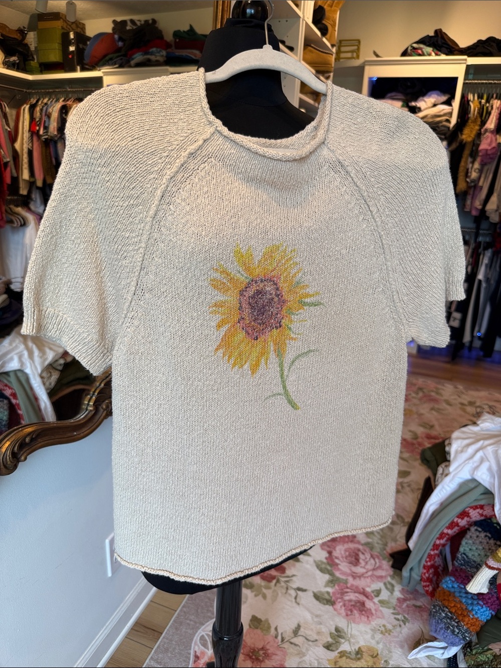Pilcro Cream Short-Sleeve Knit Top with Sunflower Motif